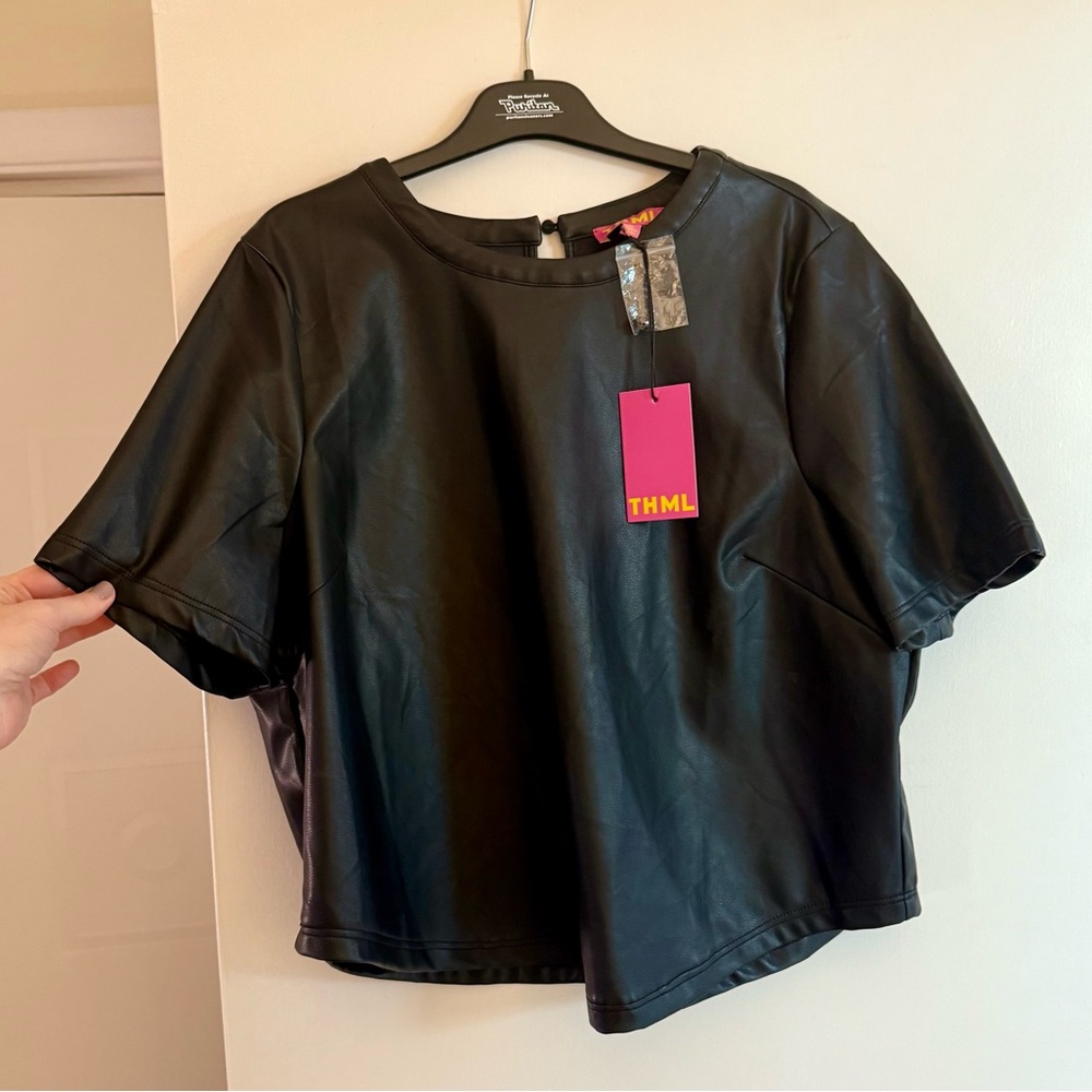 THML Sleek Black Faux Leather Short Sleeve Top
